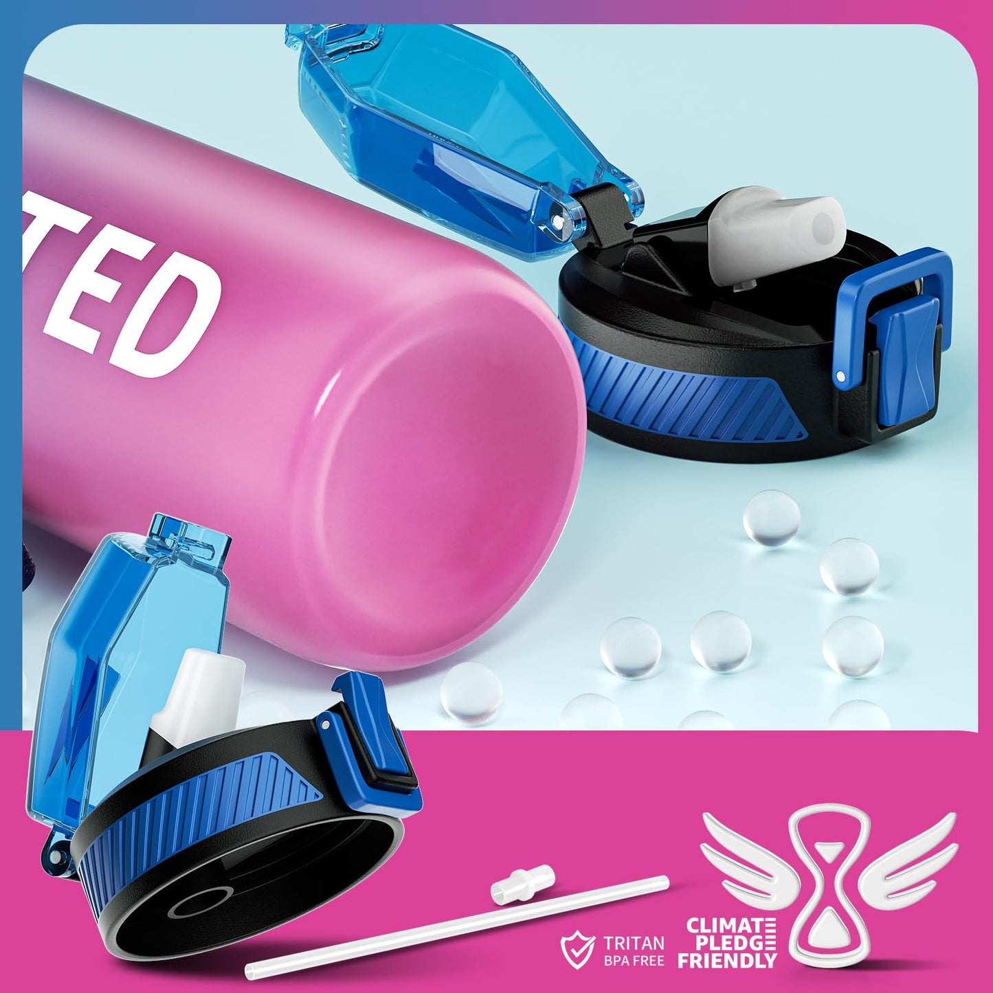 Water Bottle with Straw, 32oz Motivational Water Bottles with Time Marker to Drink, Tritan BPA Free, 1L Sports Water Bottle with Carry Strap LeakProof for Women Gym Fitness Outdoor (1 Pack)