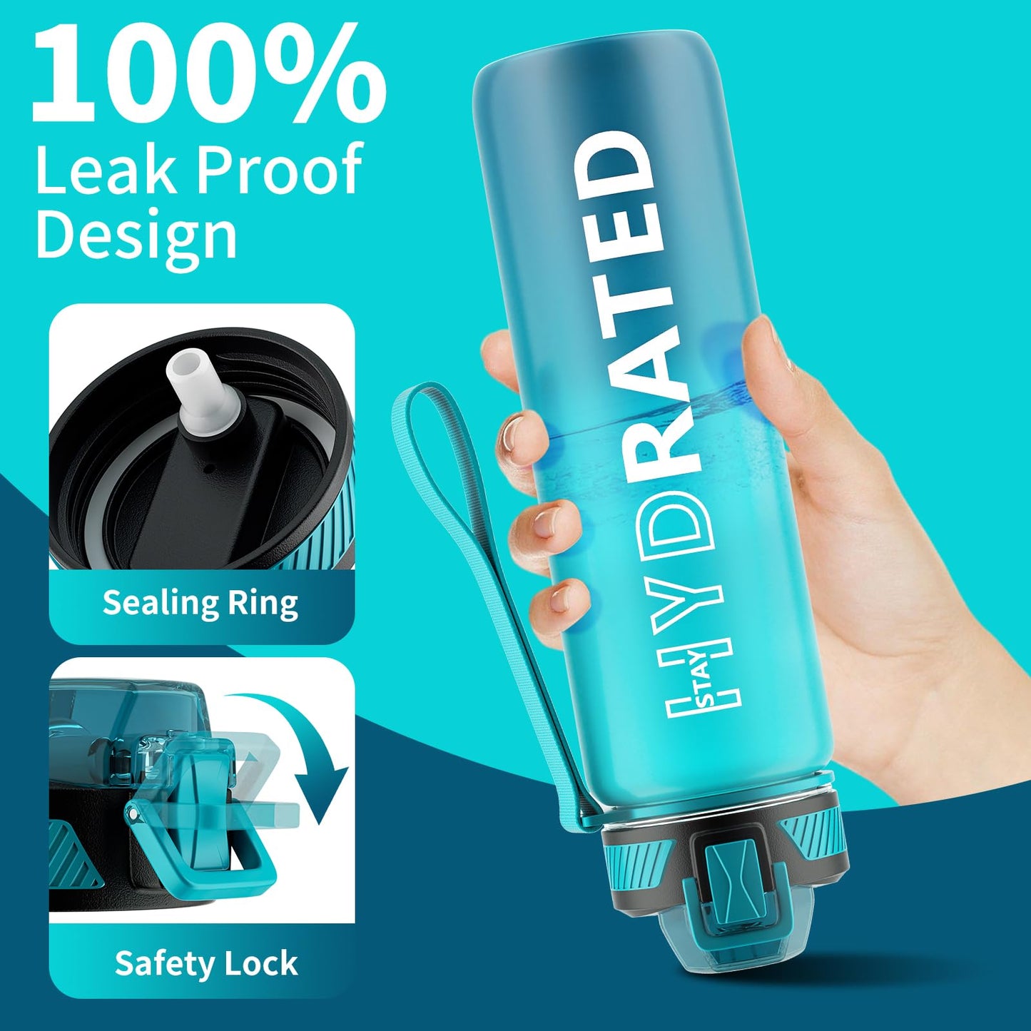 Water Bottle with Straw, 32oz Motivational Water Bottles with Time Marker to Drink, Tritan BPA Free, 1L Sports Water Bottle with Carry Strap LeakProof for Women Gym Fitness Outdoor (1 Pack)