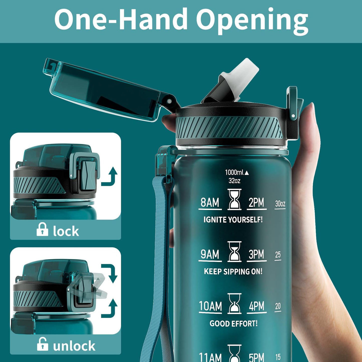 Water Bottle with Straw, 32oz Motivational Water Bottles with Time Marker to Drink, Tritan BPA Free, 1L Sports Water Bottle with Carry Strap LeakProof for Women Gym Fitness Outdoor (1 Pack)