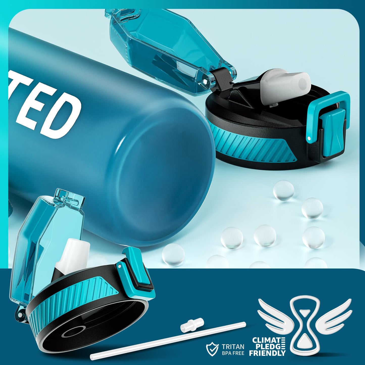 Water Bottle with Straw, 32oz Motivational Water Bottles with Time Marker to Drink, Tritan BPA Free, 1L Sports Water Bottle with Carry Strap LeakProof for Women Gym Fitness Outdoor (1 Pack)