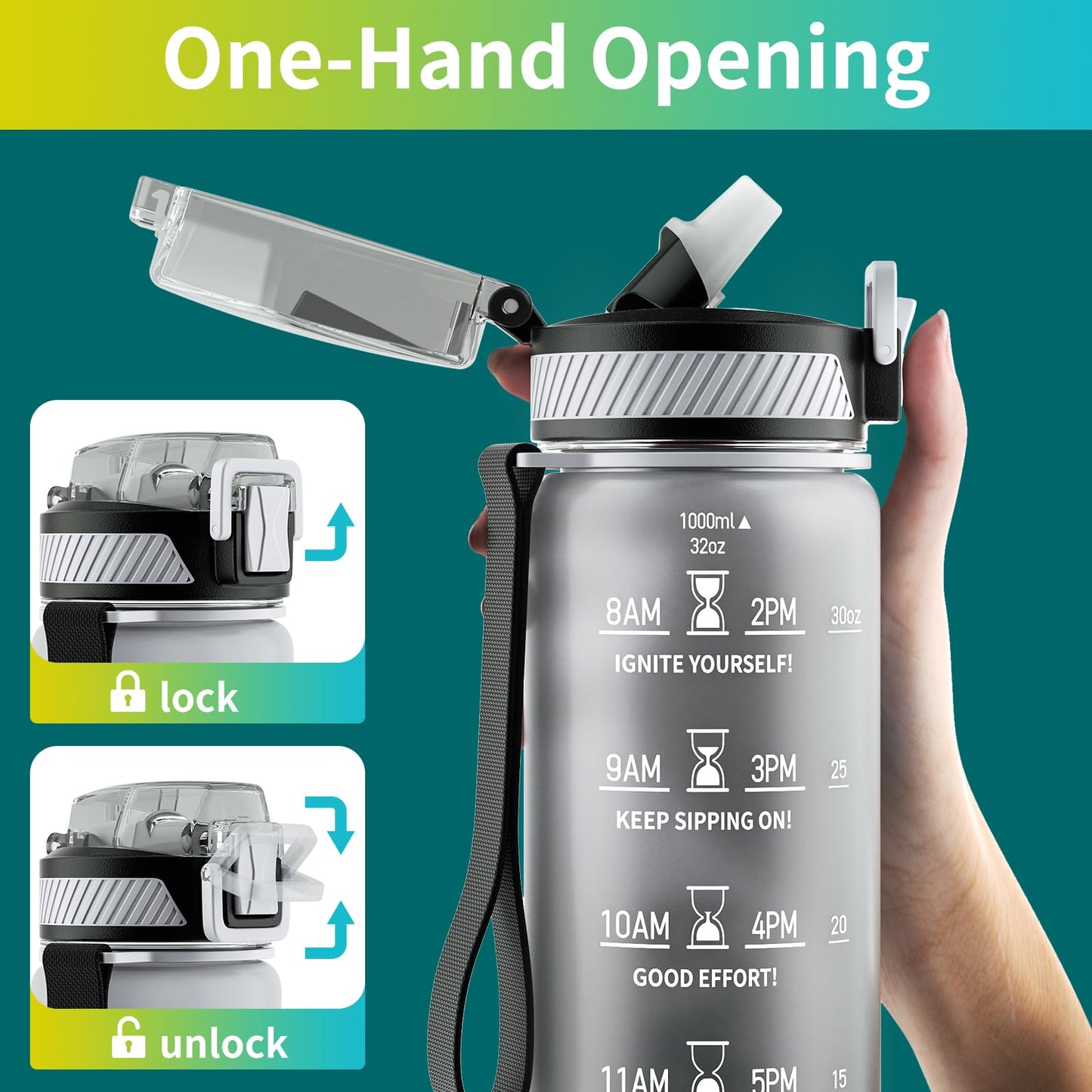 Water Bottle with Straw, 32oz Motivational Water Bottles with Time Marker to Drink, Tritan BPA Free, 1L Sports Water Bottle with Carry Strap LeakProof for Women Gym Fitness Outdoor (1 Pack)