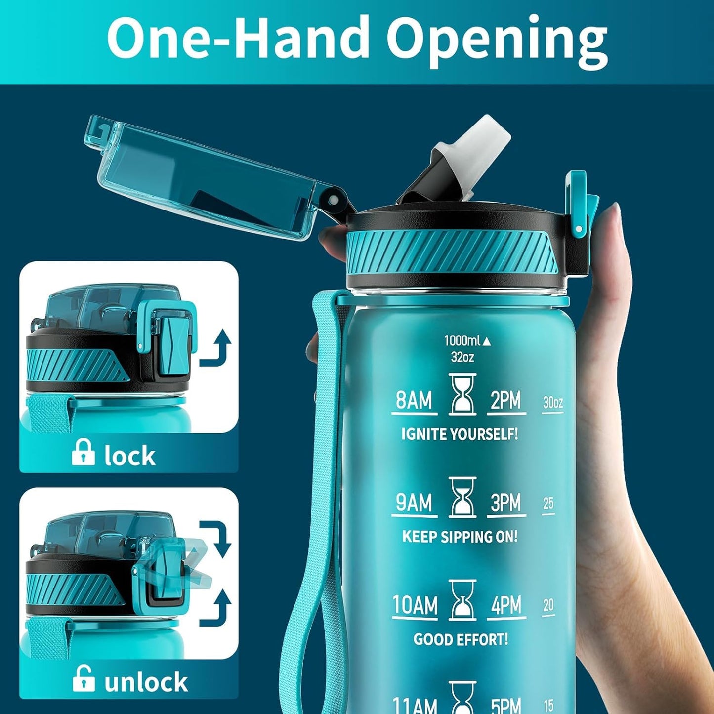 Water Bottle with Straw, 32oz Motivational Water Bottles with Time Marker to Drink, Tritan BPA Free, 1L Sports Water Bottle with Carry Strap LeakProof for Women Gym Fitness Outdoor (1 Pack)