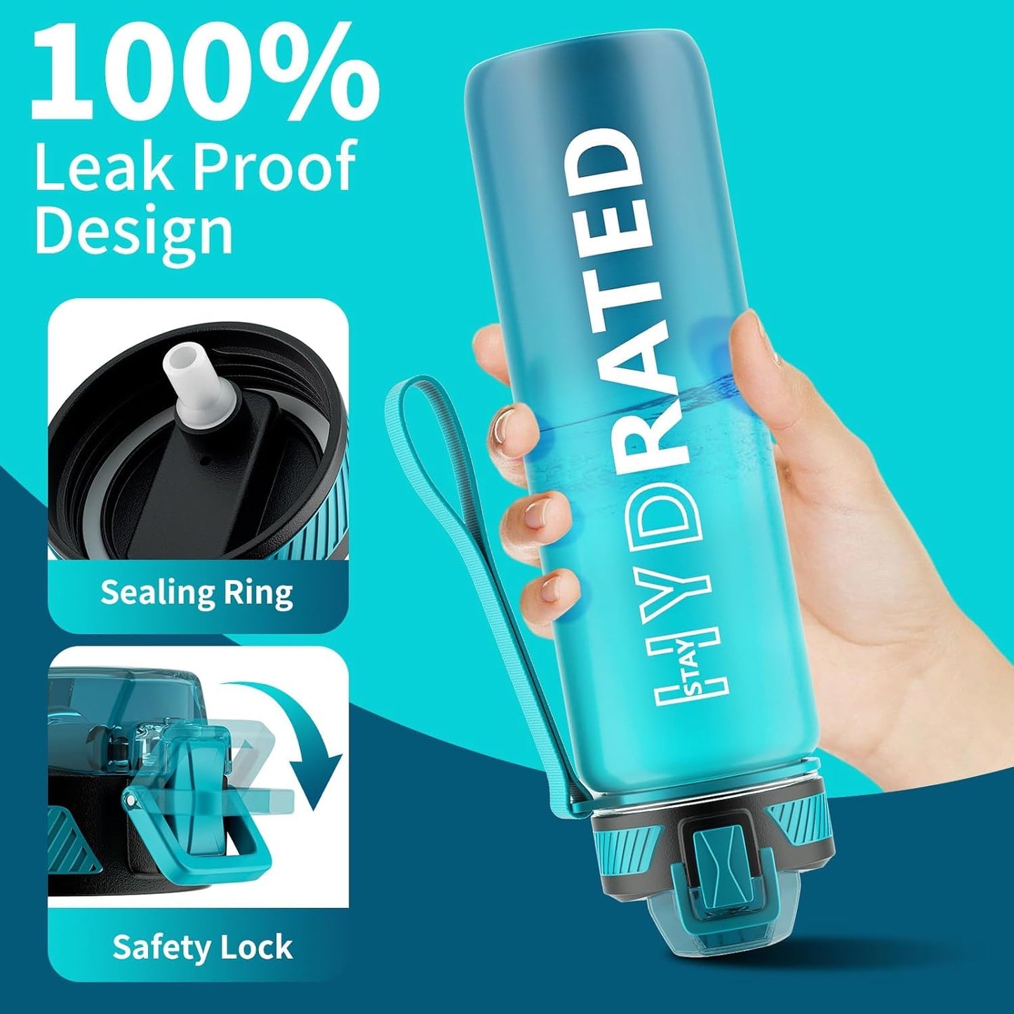 Water Bottle with Straw, 32oz Motivational Water Bottles with Time Marker to Drink, Tritan BPA Free, 1L Sports Water Bottle with Carry Strap LeakProof for Women Gym Fitness Outdoor (1 Pack)