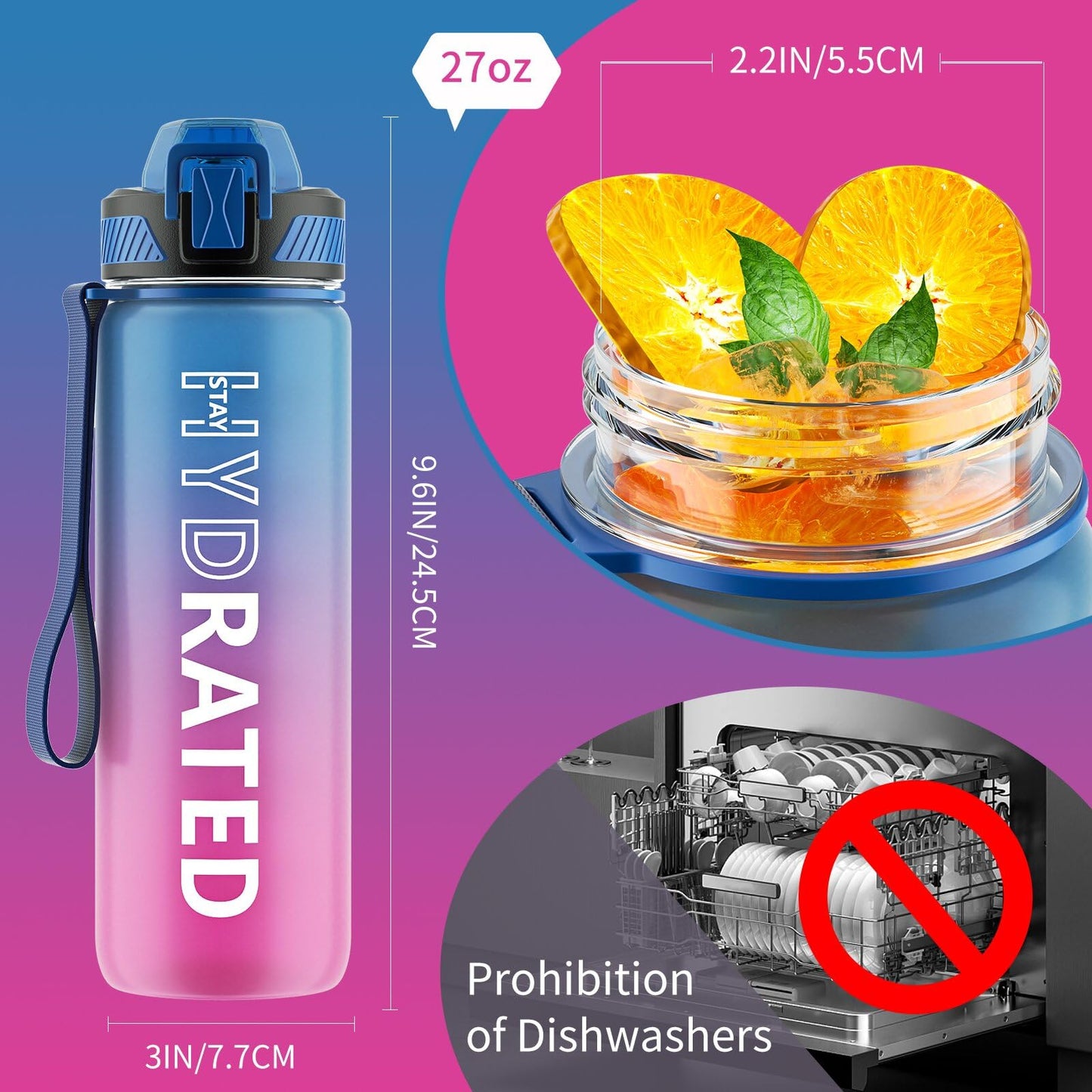 Water Bottle with Straw, 32oz Motivational Water Bottles with Time Marker to Drink, Tritan BPA Free, 1L Sports Water Bottle with Carry Strap LeakProof for Women Gym Fitness Outdoor (1 Pack)