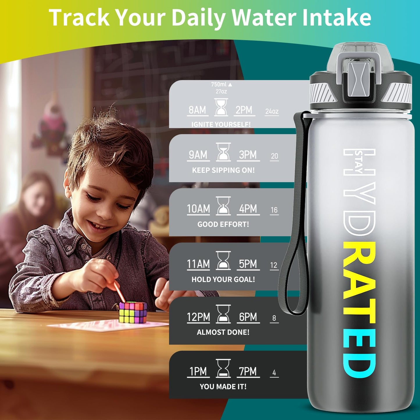 Water Bottle with Straw, 32oz Motivational Water Bottles with Time Marker to Drink, Tritan BPA Free, 1L Sports Water Bottle with Carry Strap LeakProof for Women Gym Fitness Outdoor (1 Pack)