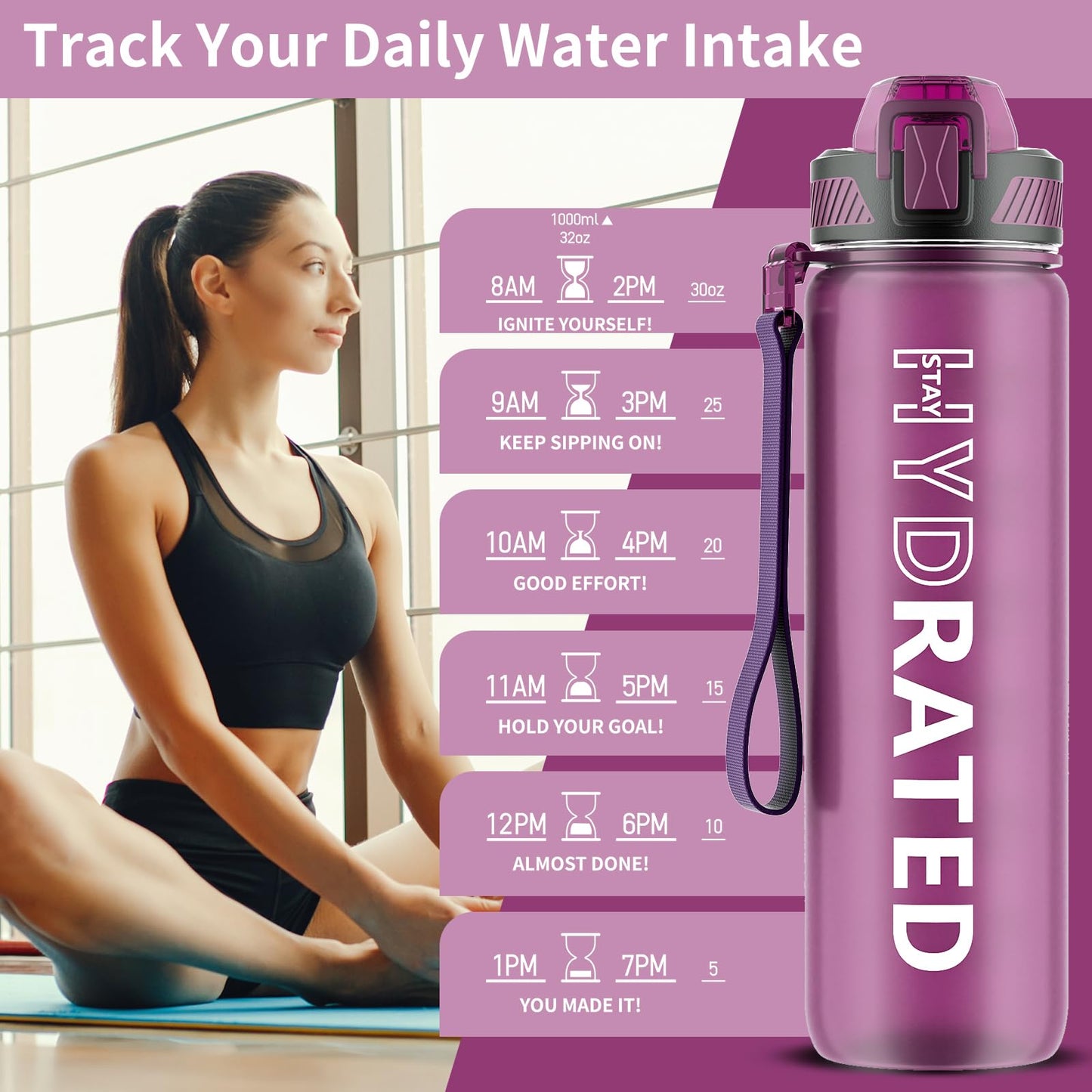 Water Bottle with Straw, 32oz Motivational Water Bottles with Time Marker to Drink, Tritan BPA Free, 1L Sports Water Bottle with Carry Strap LeakProof for Women Gym Fitness Outdoor (1 Pack)