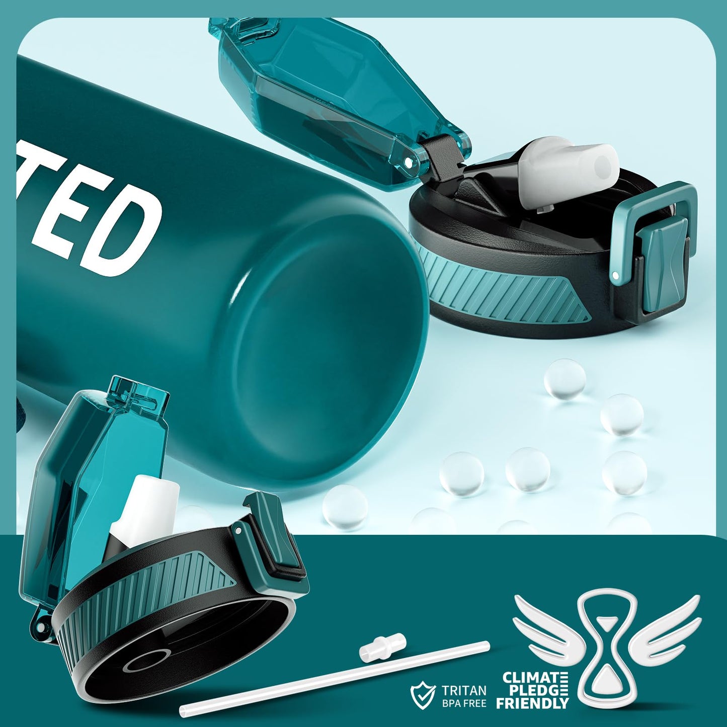 Water Bottle with Straw, 32oz Motivational Water Bottles with Time Marker to Drink, Tritan BPA Free, 1L Sports Water Bottle with Carry Strap LeakProof for Women Gym Fitness Outdoor (1 Pack)