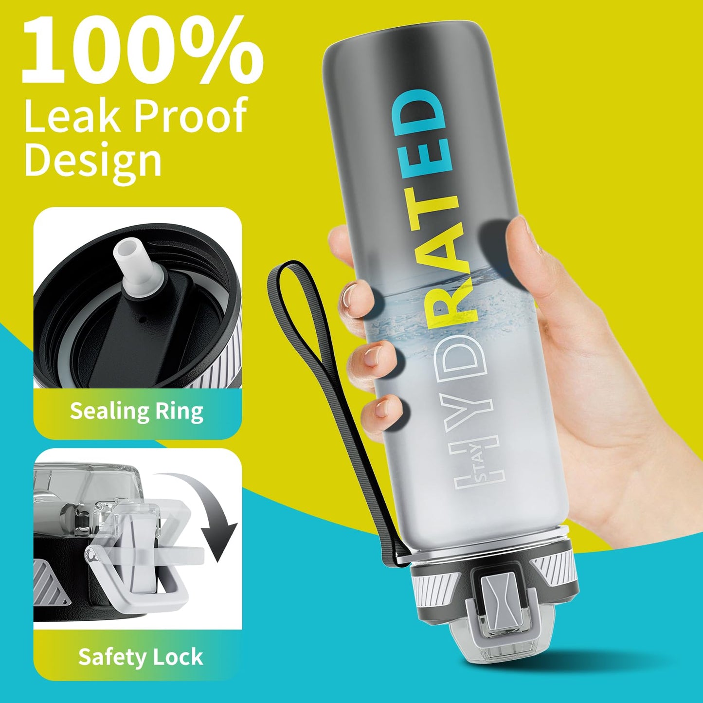 Water Bottle with Straw, 32oz Motivational Water Bottles with Time Marker to Drink, Tritan BPA Free, 1L Sports Water Bottle with Carry Strap LeakProof for Women Gym Fitness Outdoor (1 Pack)