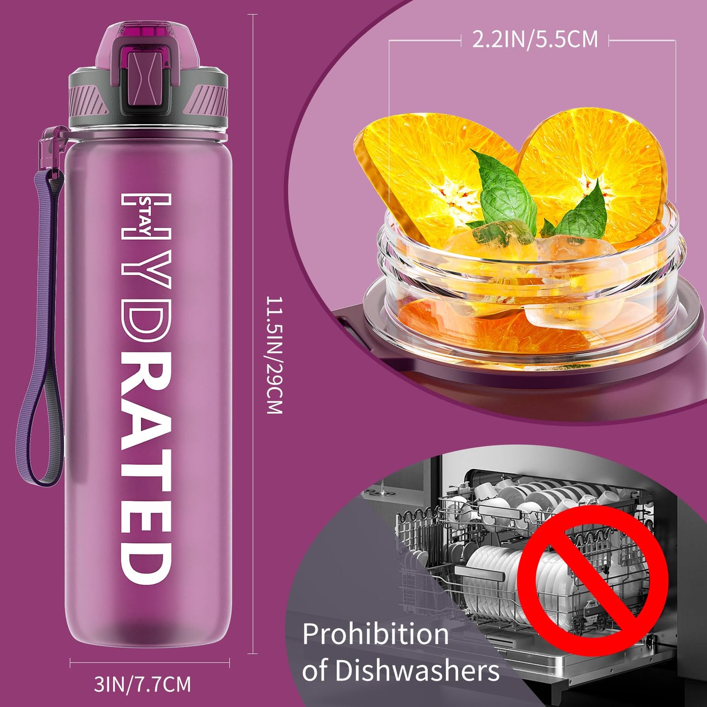 Water Bottle with Straw, 32oz Motivational Water Bottles with Time Marker to Drink, Tritan BPA Free, 1L Sports Water Bottle with Carry Strap LeakProof for Women Gym Fitness Outdoor (1 Pack)