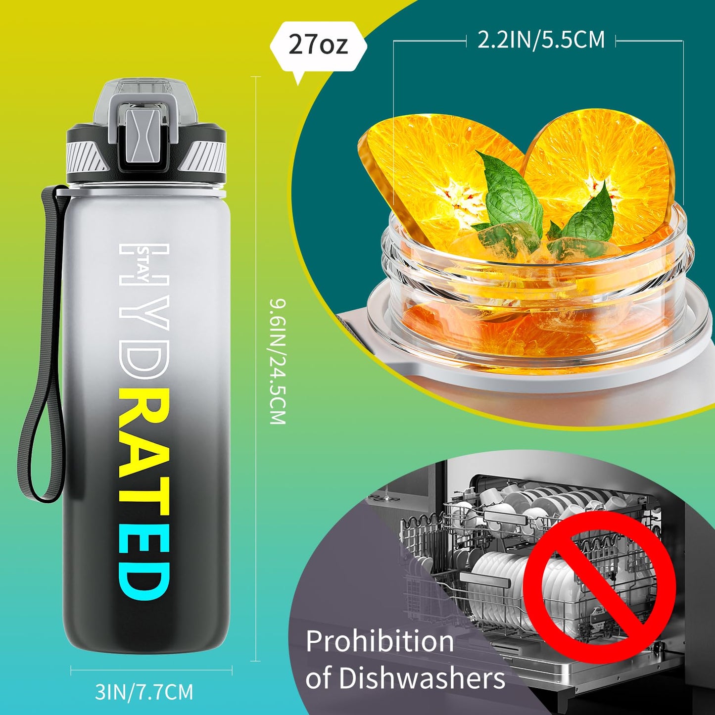 Water Bottle with Straw, 32oz Motivational Water Bottles with Time Marker to Drink, Tritan BPA Free, 1L Sports Water Bottle with Carry Strap LeakProof for Women Gym Fitness Outdoor (1 Pack)