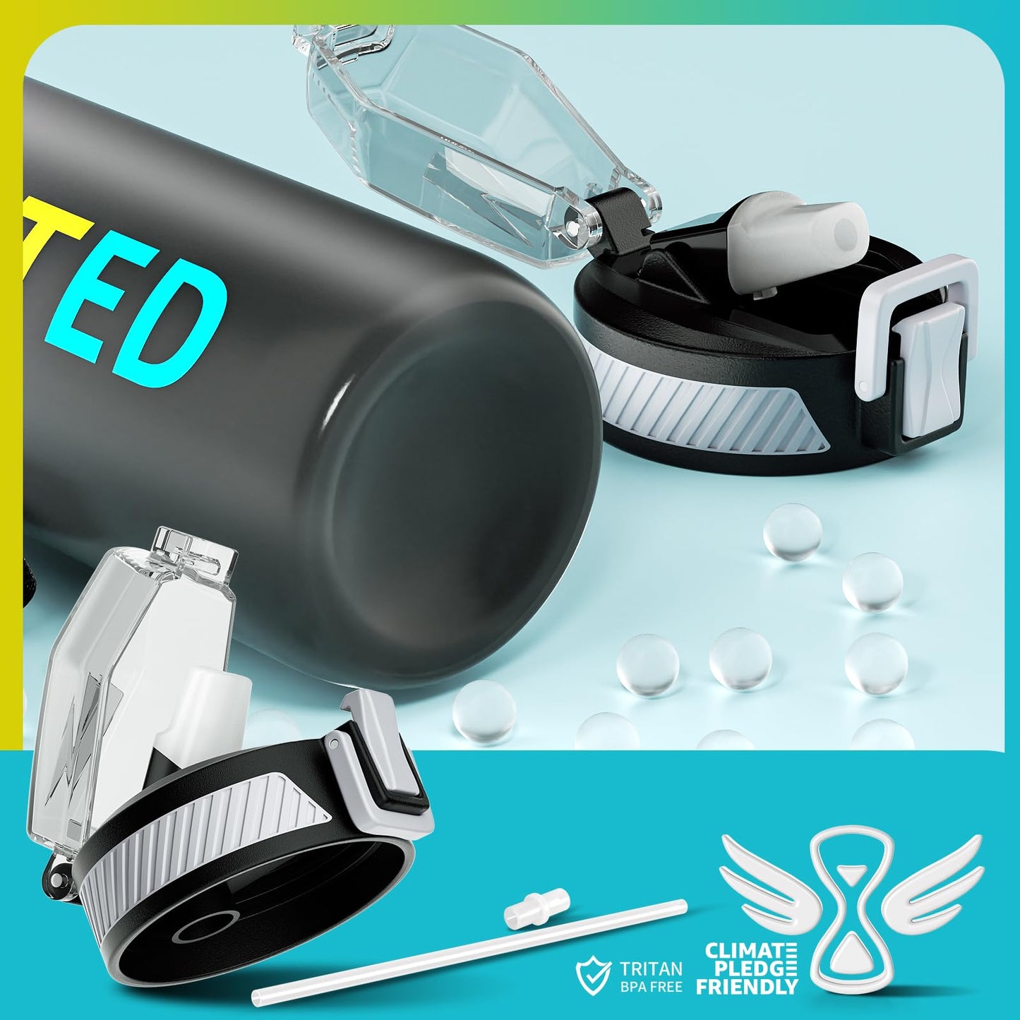 Water Bottle with Straw, 32oz Motivational Water Bottles with Time Marker to Drink, Tritan BPA Free, 1L Sports Water Bottle with Carry Strap LeakProof for Women Gym Fitness Outdoor (1 Pack)