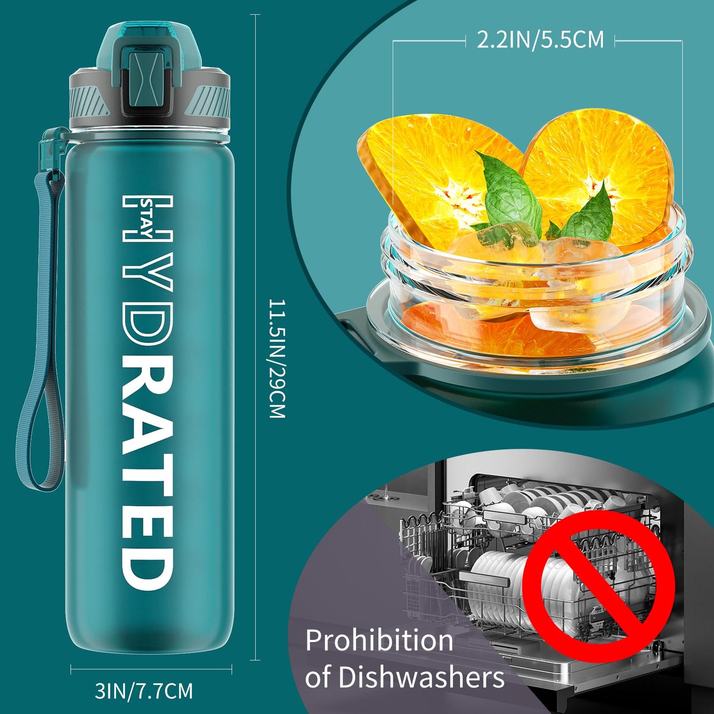 Water Bottle with Straw, 32oz Motivational Water Bottles with Time Marker to Drink, Tritan BPA Free, 1L Sports Water Bottle with Carry Strap LeakProof for Women Gym Fitness Outdoor (1 Pack)