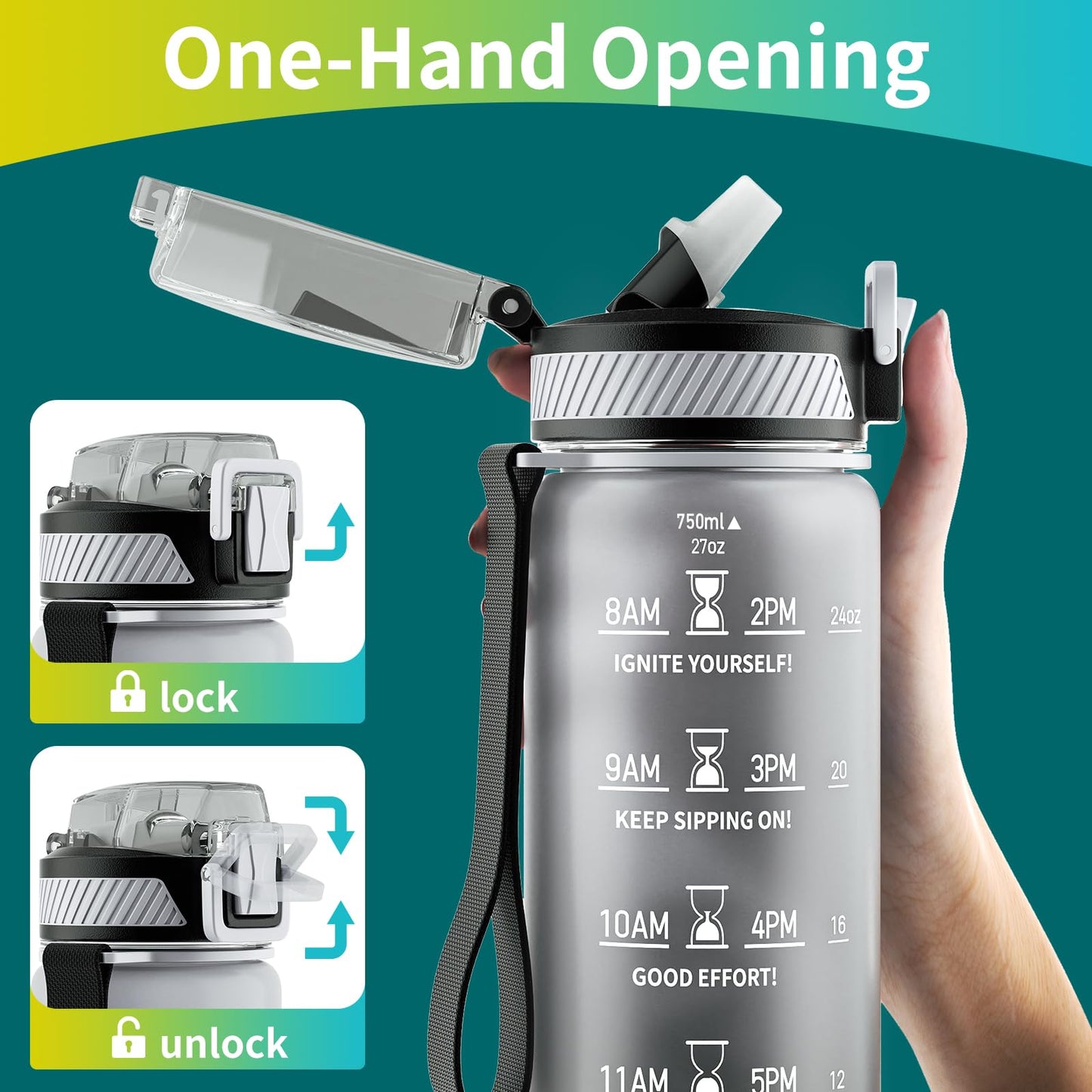 Water Bottle with Straw, 32oz Motivational Water Bottles with Time Marker to Drink, Tritan BPA Free, 1L Sports Water Bottle with Carry Strap LeakProof for Women Gym Fitness Outdoor (1 Pack)