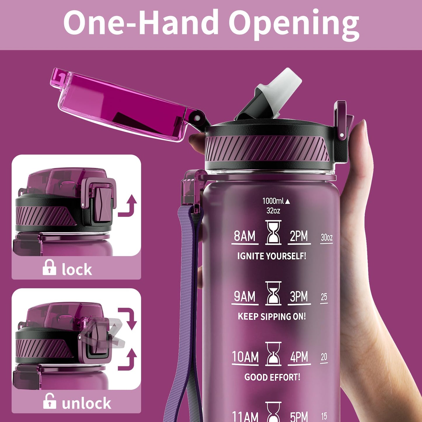 Water Bottle with Straw, 32oz Motivational Water Bottles with Time Marker to Drink, Tritan BPA Free, 1L Sports Water Bottle with Carry Strap LeakProof for Women Gym Fitness Outdoor (1 Pack)