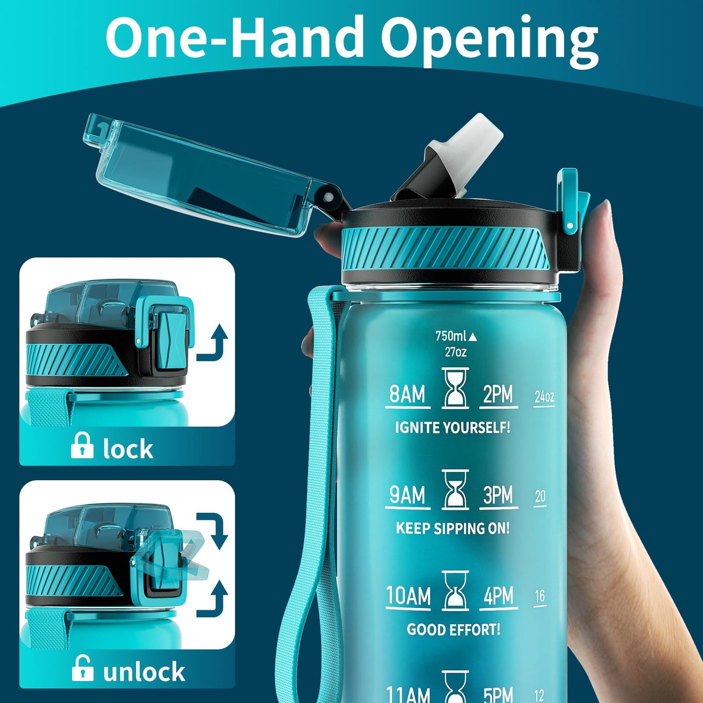 Water Bottle with Straw, 32oz Motivational Water Bottles with Time Marker to Drink, Tritan BPA Free, 1L Sports Water Bottle with Carry Strap LeakProof for Women Gym Fitness Outdoor (1 Pack)