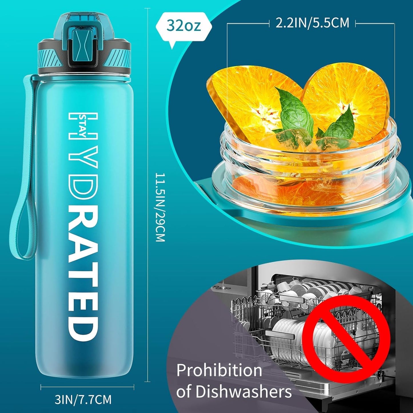 Water Bottle with Straw, 32oz Motivational Water Bottles with Time Marker to Drink, Tritan BPA Free, 1L Sports Water Bottle with Carry Strap LeakProof for Women Gym Fitness Outdoor (1 Pack)