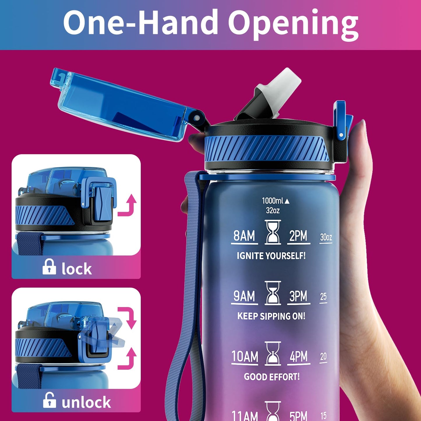 Water Bottle with Straw, 32oz Motivational Water Bottles with Time Marker to Drink, Tritan BPA Free, 1L Sports Water Bottle with Carry Strap LeakProof for Women Gym Fitness Outdoor (1 Pack)