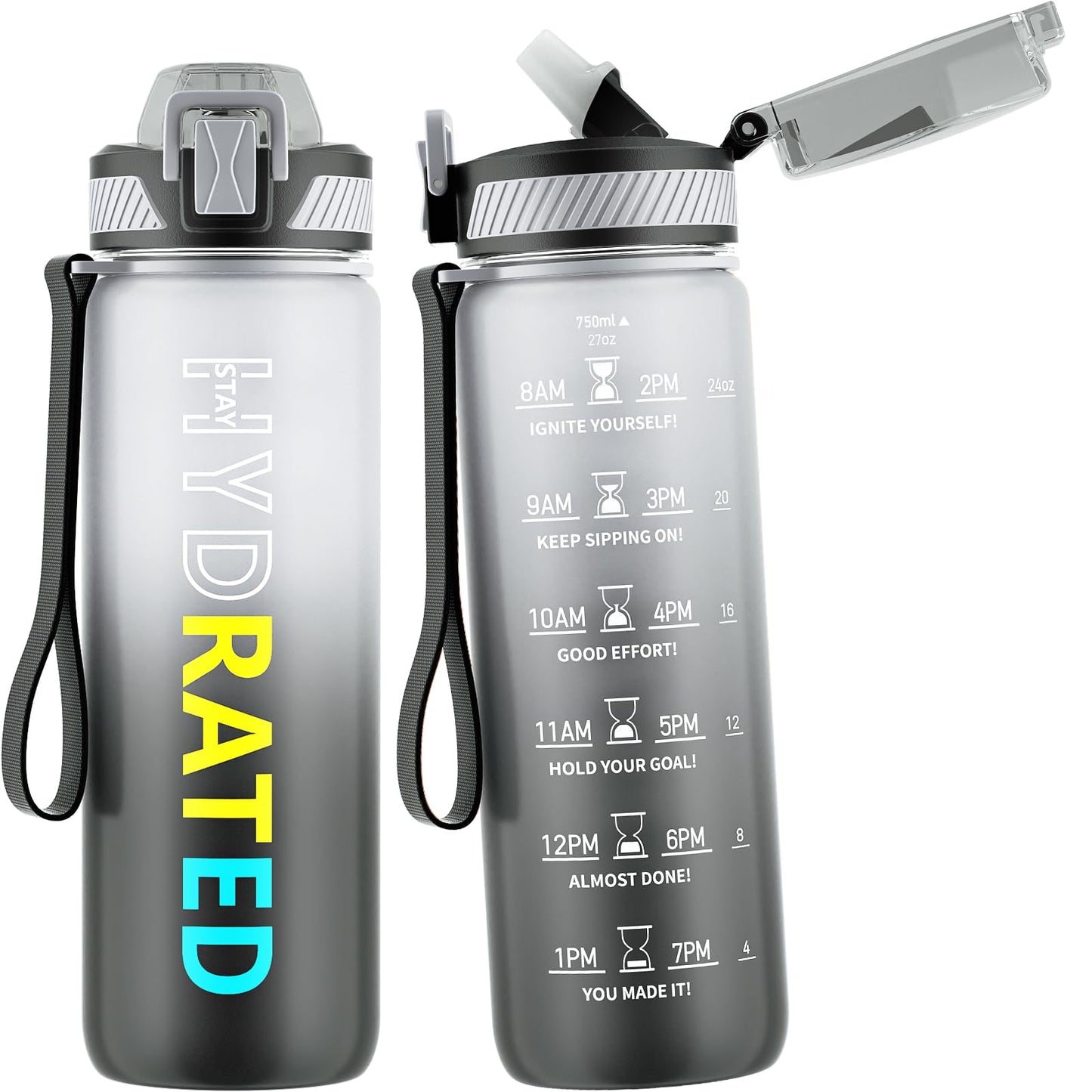 Water Bottle with Straw, 32oz Motivational Water Bottles with Time Marker to Drink, Tritan BPA Free, 1L Sports Water Bottle with Carry Strap LeakProof for Women Gym Fitness Outdoor (1 Pack)