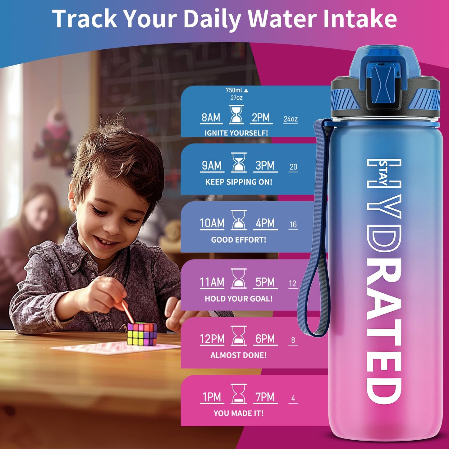 Water Bottle with Straw, 32oz Motivational Water Bottles with Time Marker to Drink, Tritan BPA Free, 1L Sports Water Bottle with Carry Strap LeakProof for Women Gym Fitness Outdoor (1 Pack)