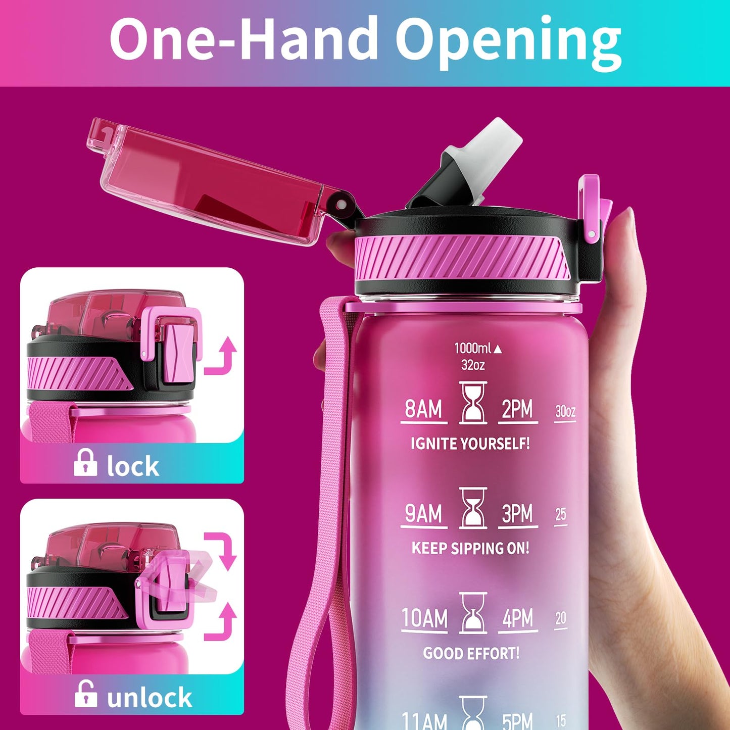 Water Bottle with Straw, 32oz Motivational Water Bottles with Time Marker to Drink, Tritan BPA Free, 1L Sports Water Bottle with Carry Strap LeakProof for Women Gym Fitness Outdoor (1 Pack)