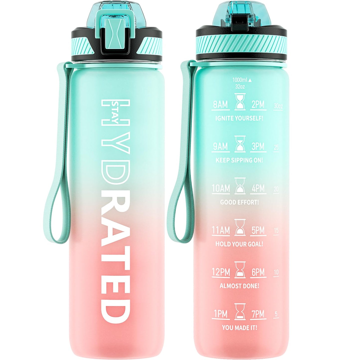 Water Bottle with Straw, 32oz Motivational Water Bottles with Time Marker to Drink, Tritan BPA Free, 1L Sports Water Bottle with Carry Strap LeakProof for Women Gym Fitness Outdoor (1 Pack)