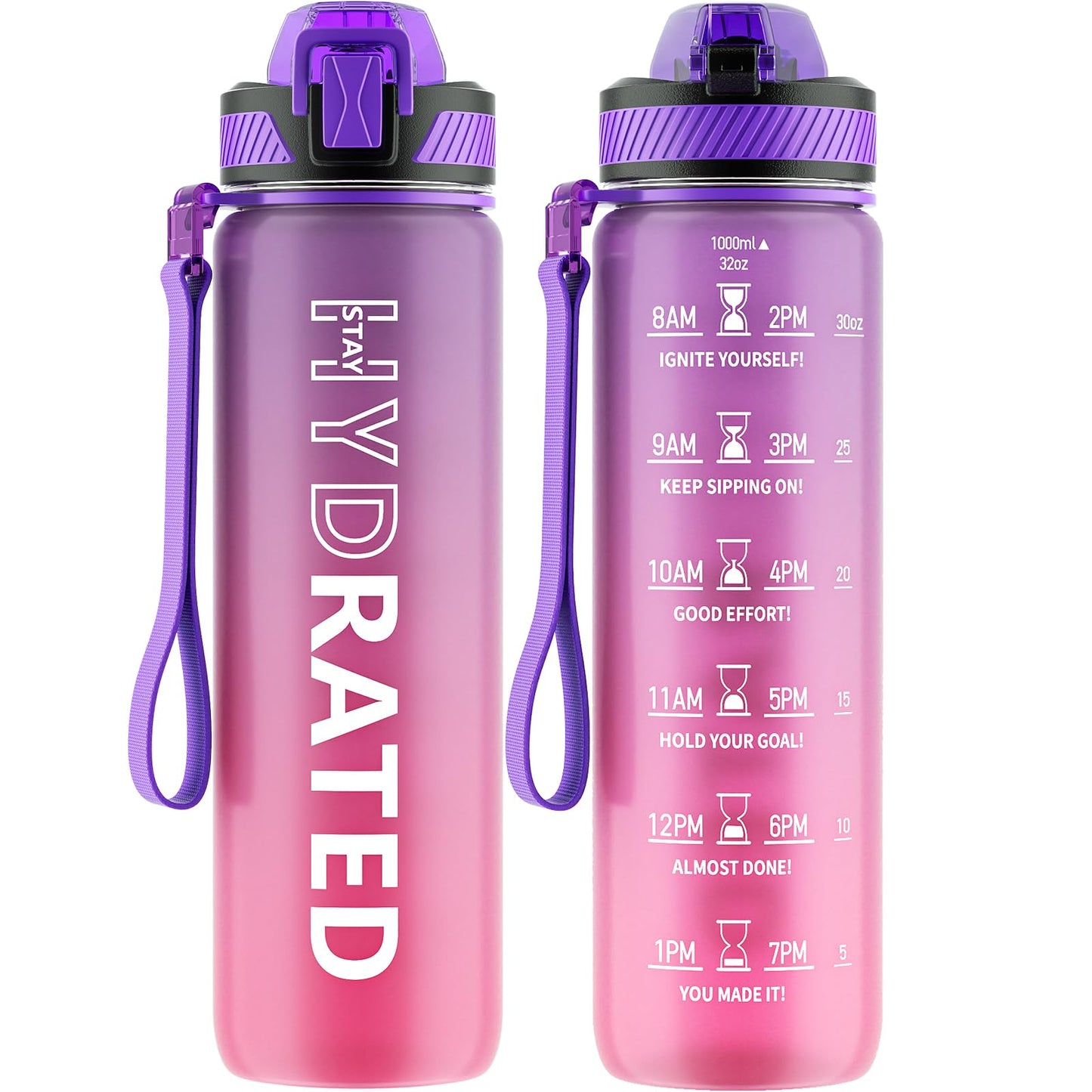 Water Bottle with Straw, 32oz Motivational Water Bottles with Time Marker to Drink, Tritan BPA Free, 1L Sports Water Bottle with Carry Strap LeakProof for Women Gym Fitness Outdoor (1 Pack)