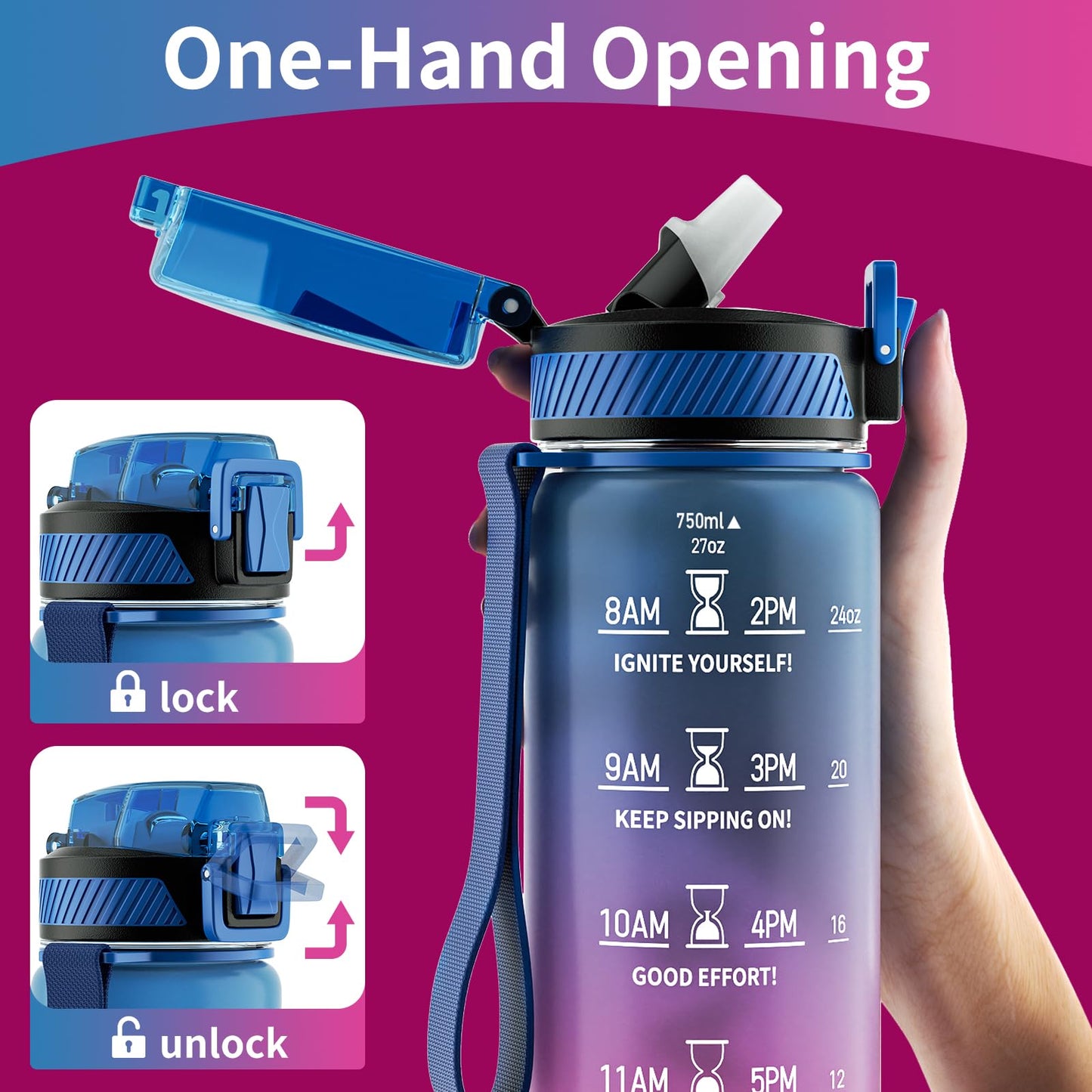 Water Bottle with Straw, 32oz Motivational Water Bottles with Time Marker to Drink, Tritan BPA Free, 1L Sports Water Bottle with Carry Strap LeakProof for Women Gym Fitness Outdoor (1 Pack)