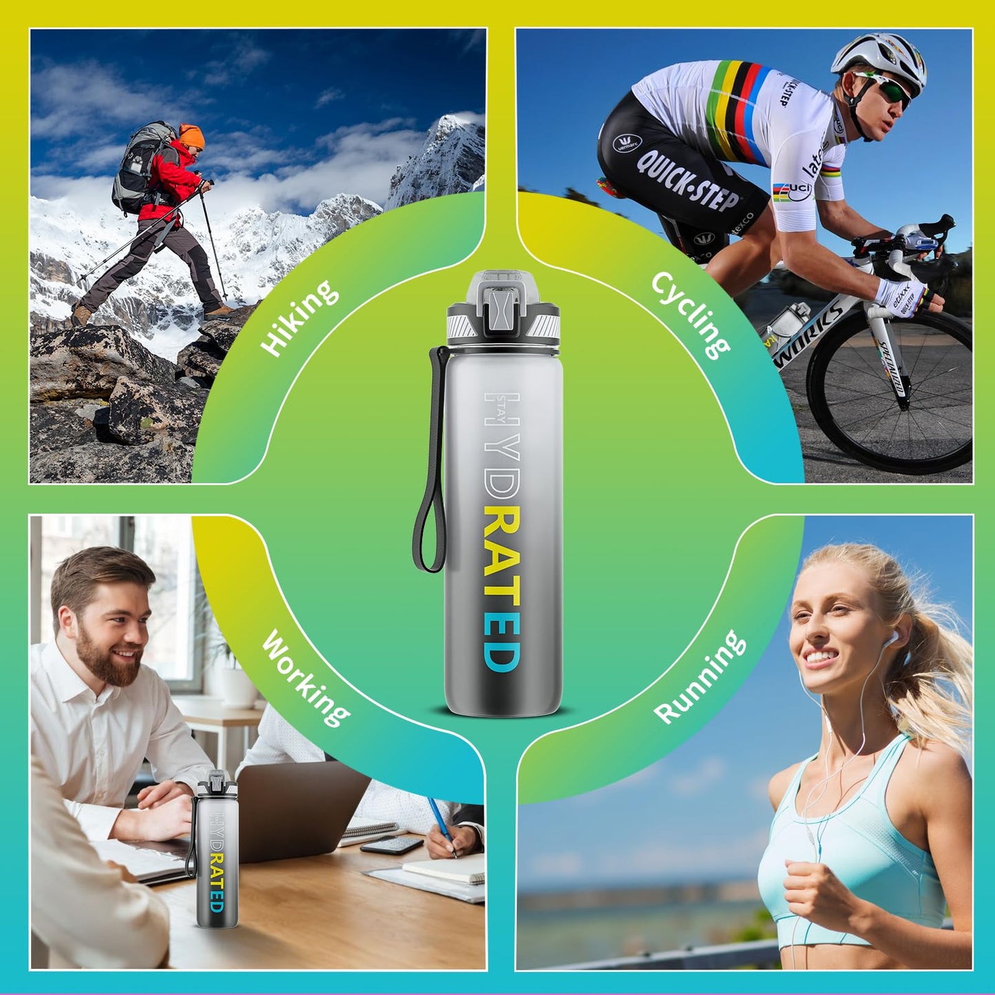 Water Bottle with Straw, 32oz Motivational Water Bottles with Time Marker to Drink, Tritan BPA Free, 1L Sports Water Bottle with Carry Strap LeakProof for Women Gym Fitness Outdoor (1 Pack)