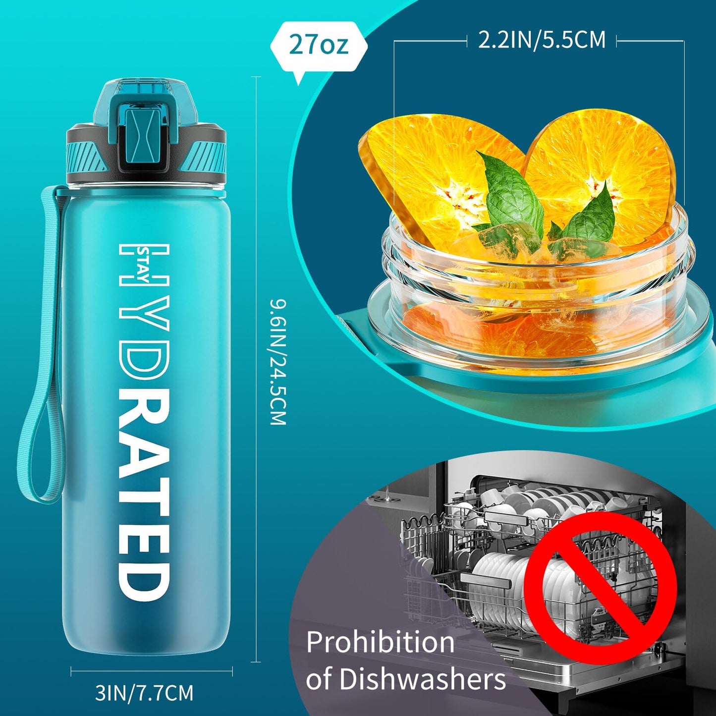 Water Bottle with Straw, 32oz Motivational Water Bottles with Time Marker to Drink, Tritan BPA Free, 1L Sports Water Bottle with Carry Strap LeakProof for Women Gym Fitness Outdoor (1 Pack)